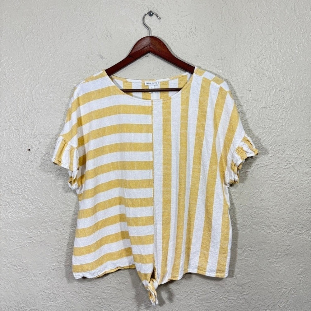 Tribal Jeans Top 1X Linen Gold Stripe Tie Ruffle Boxy Coastal Resort Preppy Boho